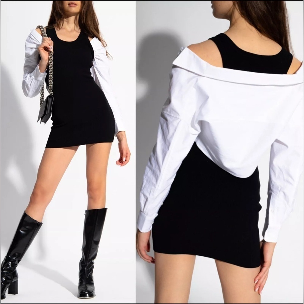 Alexander Wang Bi-Layer Ribbed Tank Dress w/ Poplin Shirt Sleeves Black White S